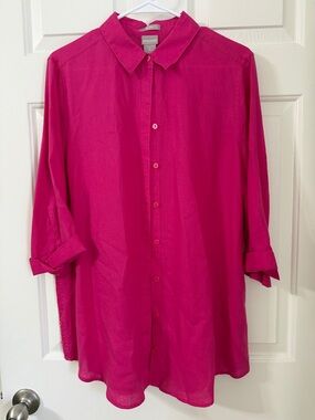 Chico's Bright Pink No Iron Linen 3/4th sleeve button front blouse